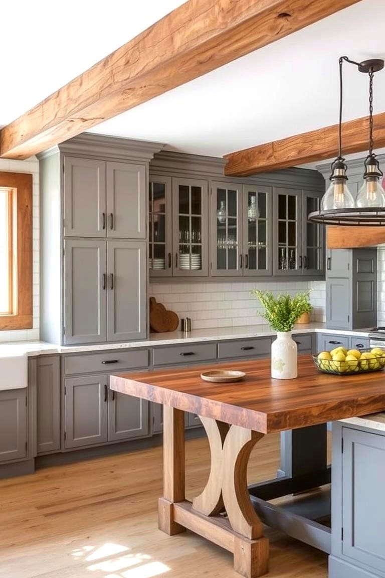 Gray Cabinets with Rustic Wood Accents - 24 Farmhouse Kitchen With Gray Cabinets Ideas