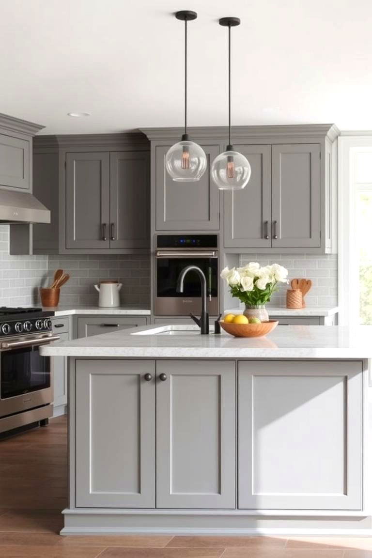 Gray Cabinets with a Modern Farmhouse Island - 24 Farmhouse Kitchen With Gray Cabinets Ideas