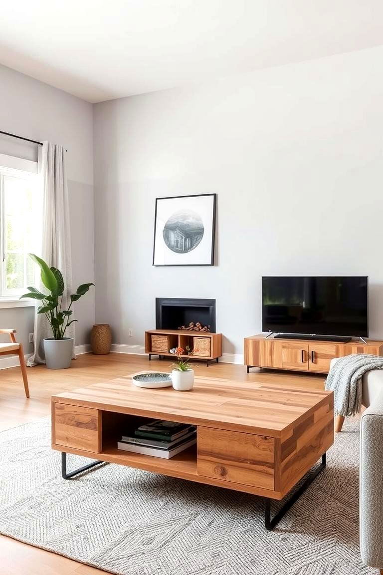 Gray Enhanced by Natural Wood Accents - 24 Gray Living Room Ideas