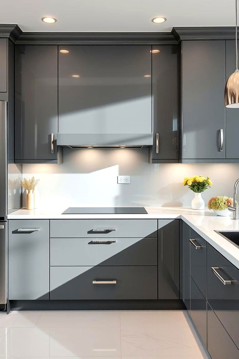 Gray and White with Shiny Finishes for a High End Look - 24 Gray Kitchens