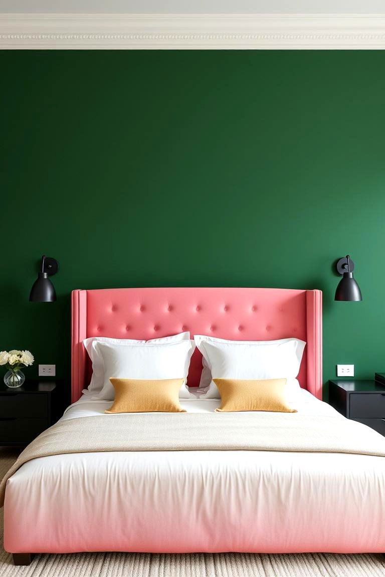 Green Accent Wall Behind Pink Bed - 24 Pink and Green Bedroom Ideas