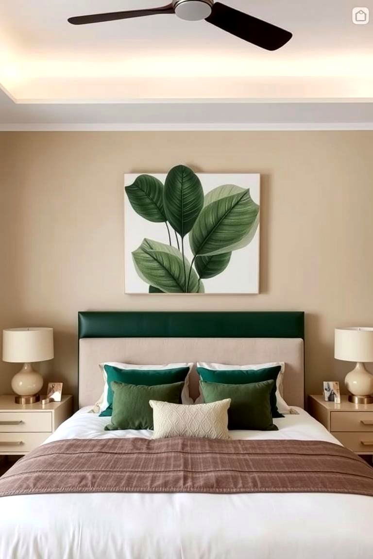 Green Accent Wall with Beige Decor - 24 Green and Beige Bedroom Ideas