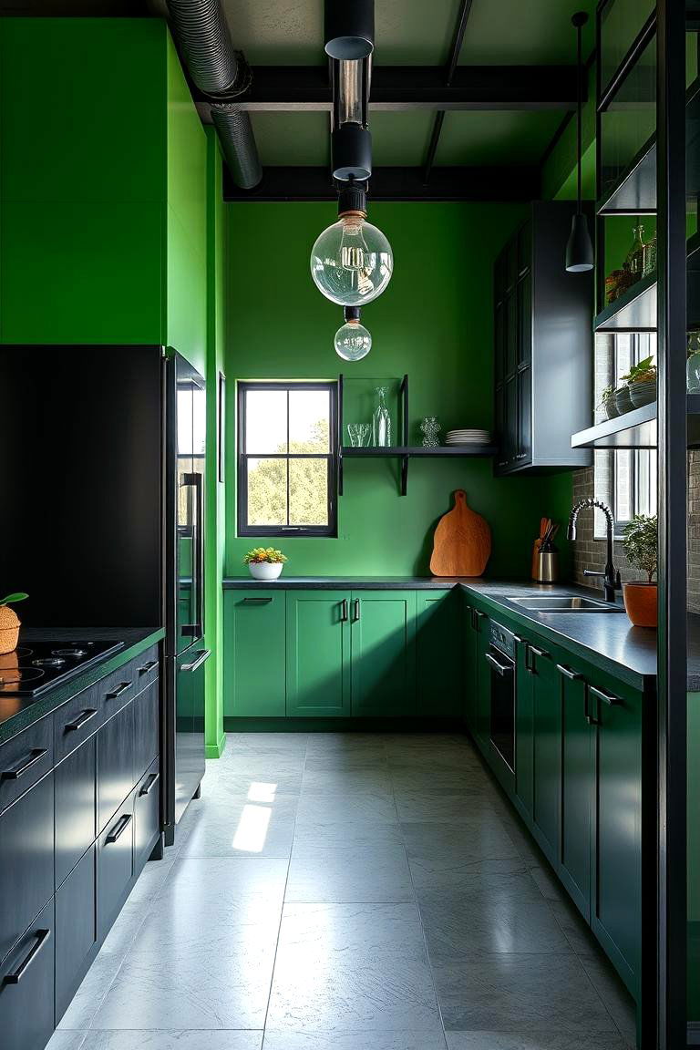 Green Accent Walls with Black Metal Features - 24 Black and Green Kitchen Ideas
