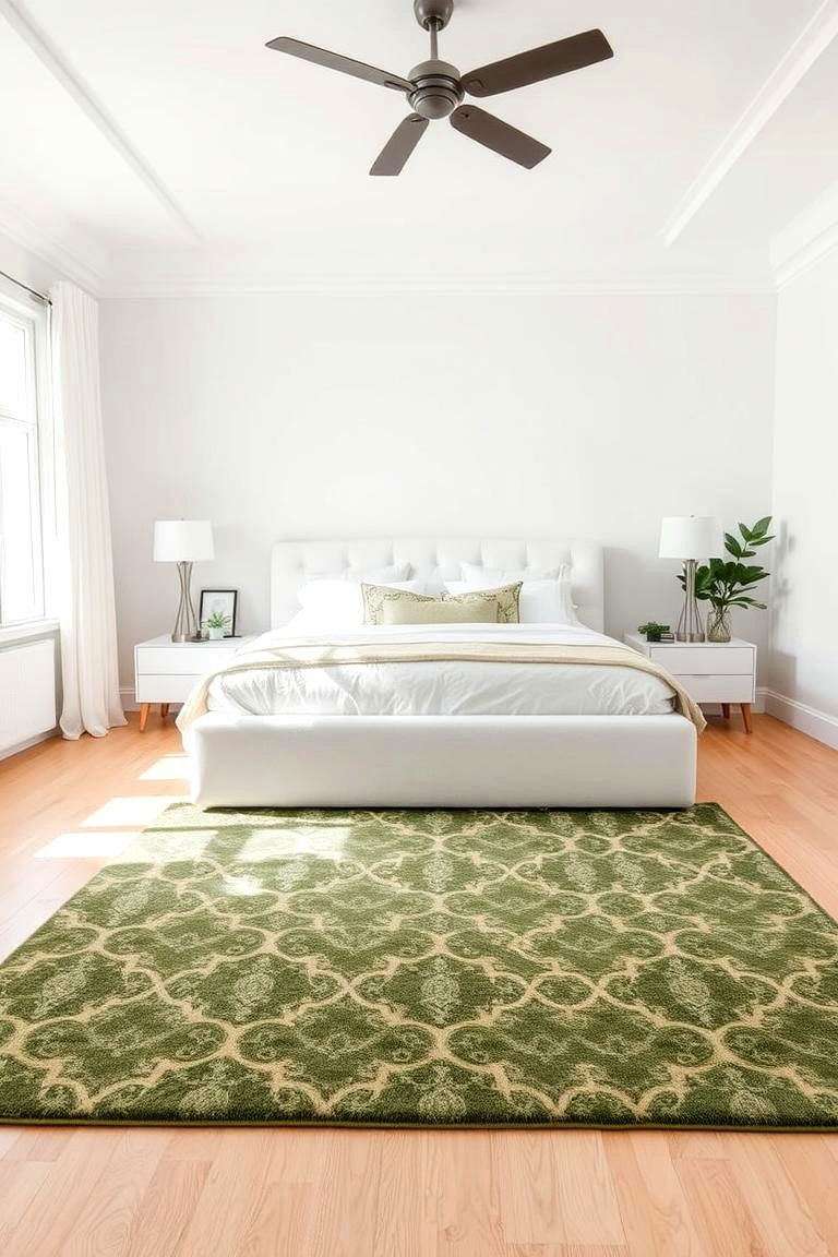 Green Area Rug on White Flooring - 24 Green and White Bedroom Ideas