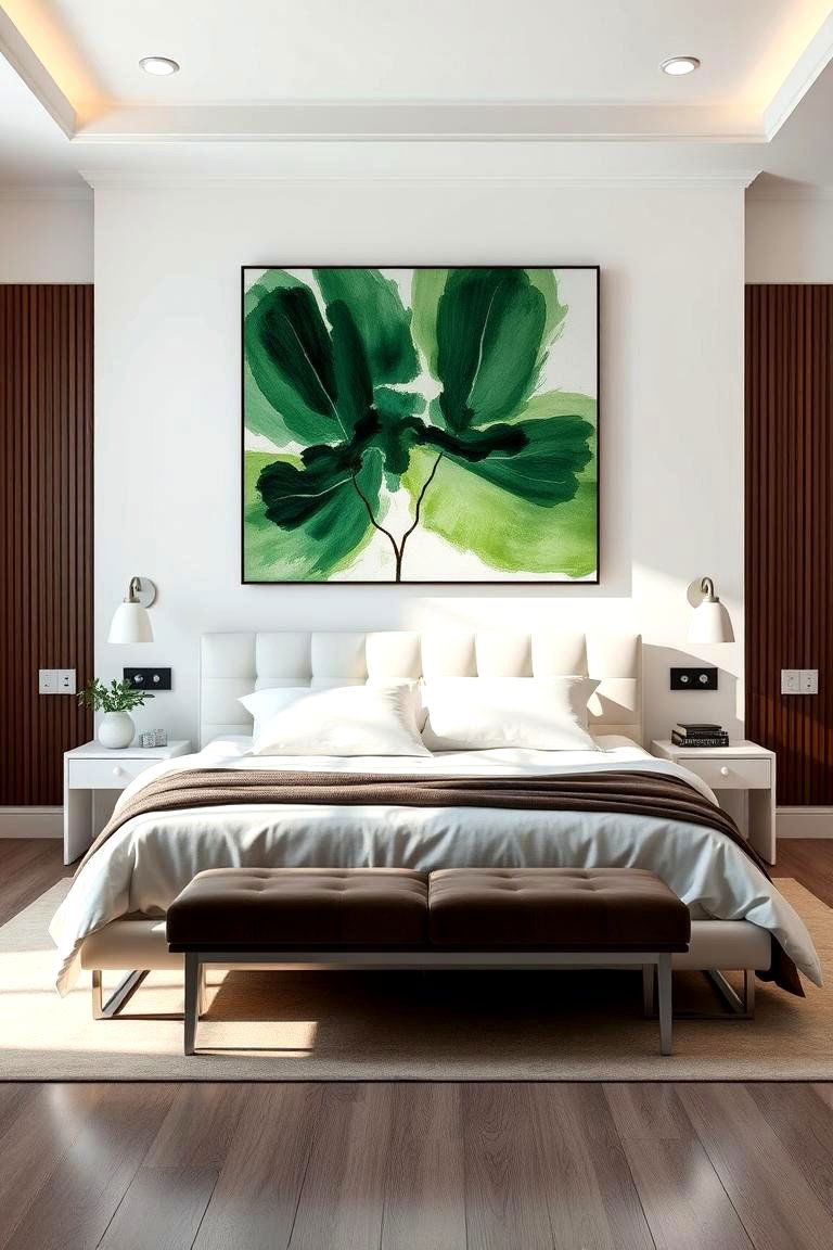 Green Artwork on a White Wall - 24 Green and White Bedroom Ideas