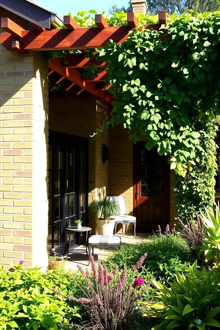 Green Brick with a Pergola and Lush Landscaping - 24 Green Brick Exterior Home Ideas