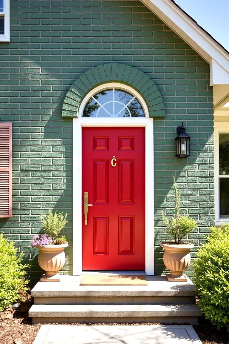 Green Brick with a Statement Front Door in a Bold Color - 24 Green Brick Exterior Home Ideas