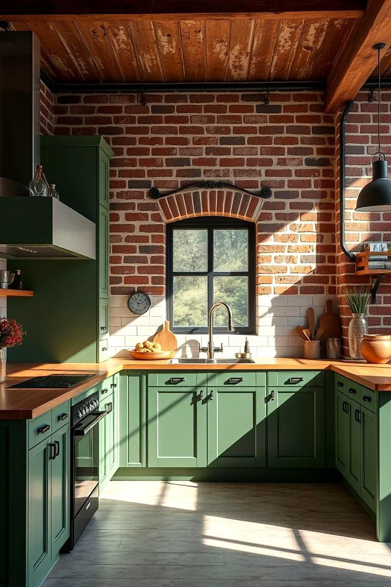 Green Cabinets with Exposed Brick for an Industrial Charm - 24 Green Kitchen Cabinet Ideas