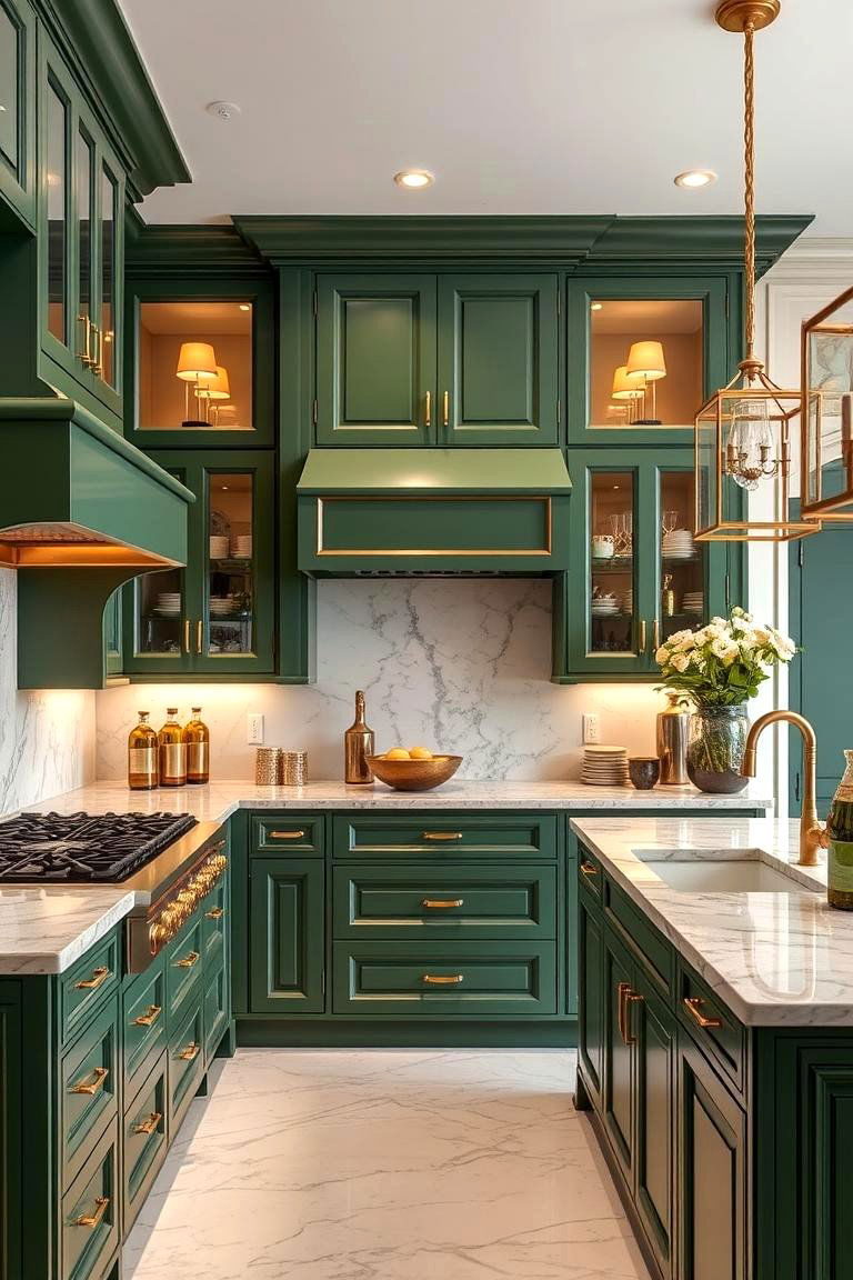 Green Cabinets with Gold Accents for a Glamorous Touch - 24 Green Kitchen Cabinet Ideas