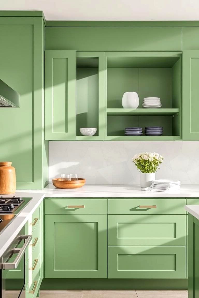 Green Cabinets with Open Shelving for a Modern Airy Design - 24 Green Kitchen Cabinet Ideas