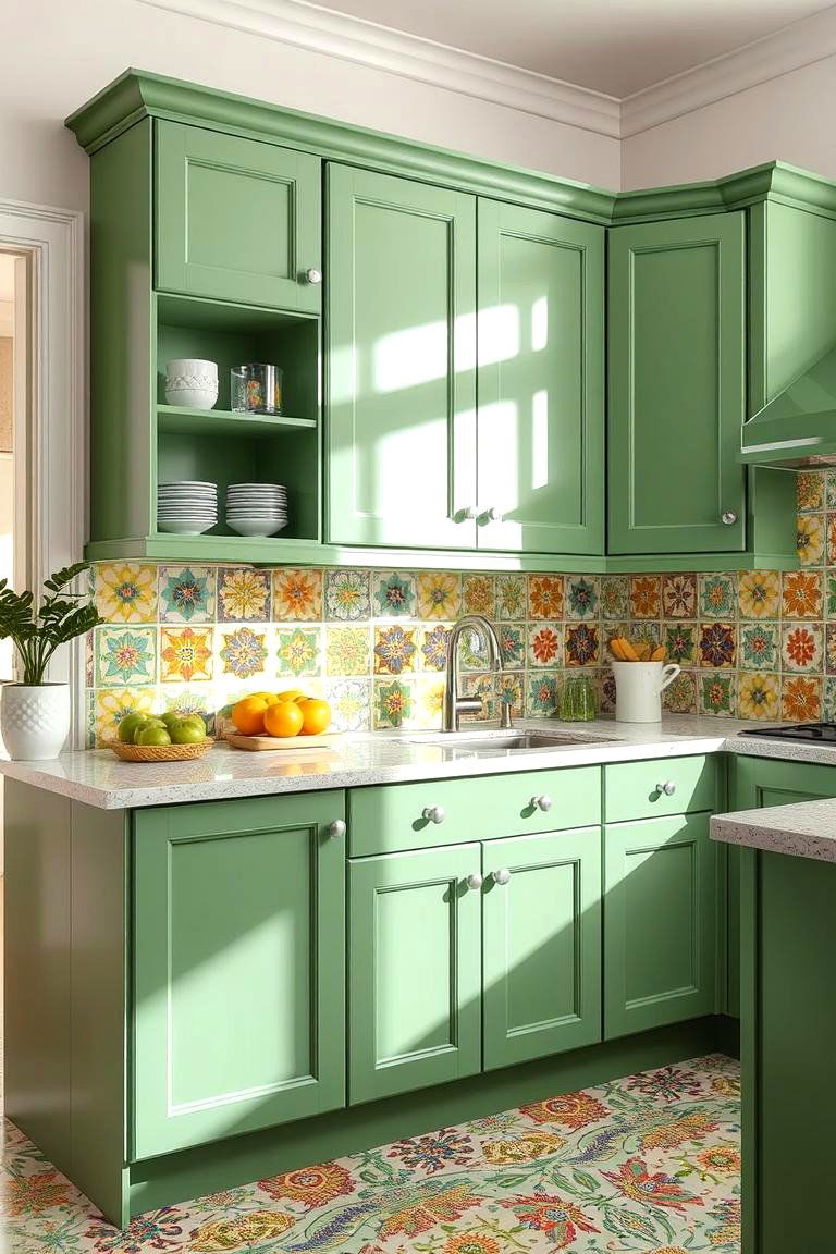Green Cabinets with Patterned Tile for a Playful Artistic Look - 24 Green Kitchen Cabinet Ideas