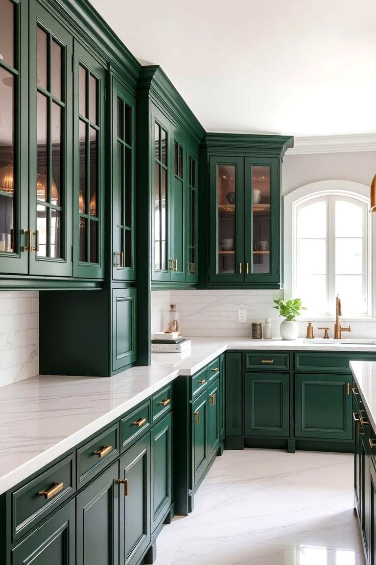 Green Cabinets with White Marble Countertops for a Classic Look - 24 Green Kitchen Cabinet Ideas