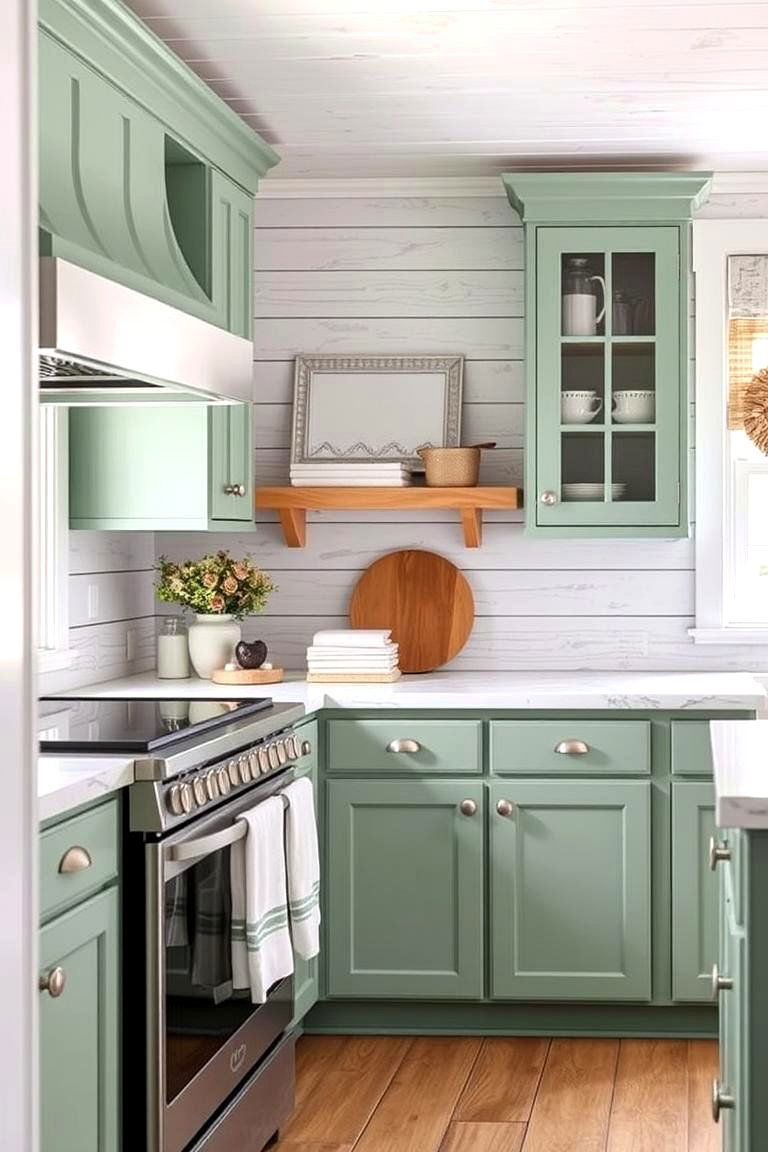 Green Cabinets with Whitewashed Wood for a Coastal Feel - 24 Green Kitchen Cabinet Ideas