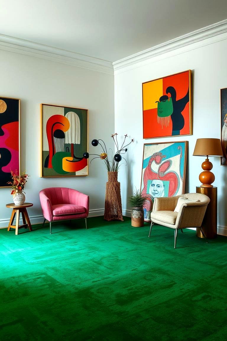 Green Carpet with Bold Wall Art - 24 Green Carpet Living Room Ideas