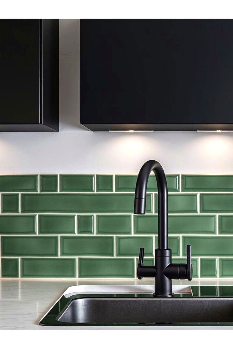 Green Ceramic Accents with Matte Black Fixtures - 24 Black and Green Kitchen Ideas