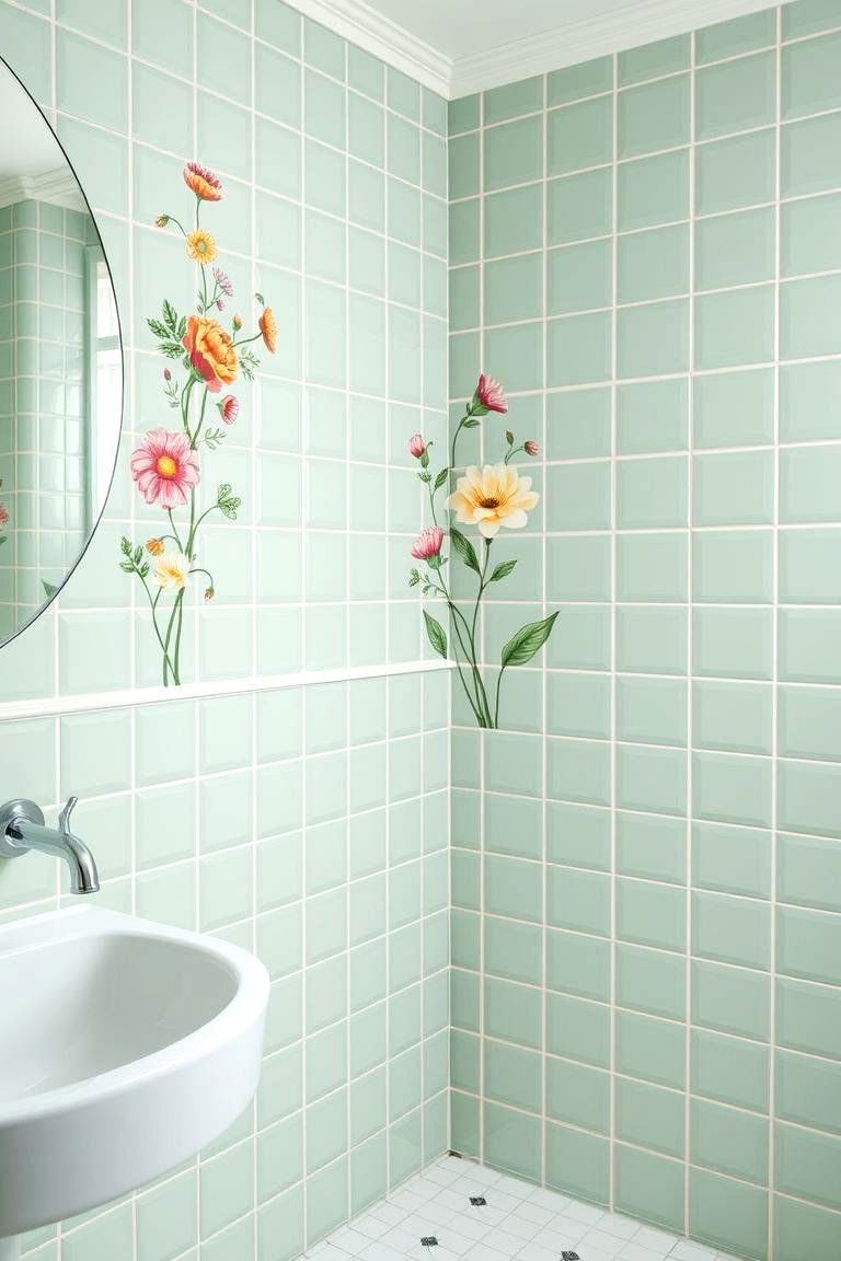 Green Ceramic Tiles with Hand Painted Details for Artistry - 24 Green Tile Bathroom Ideas