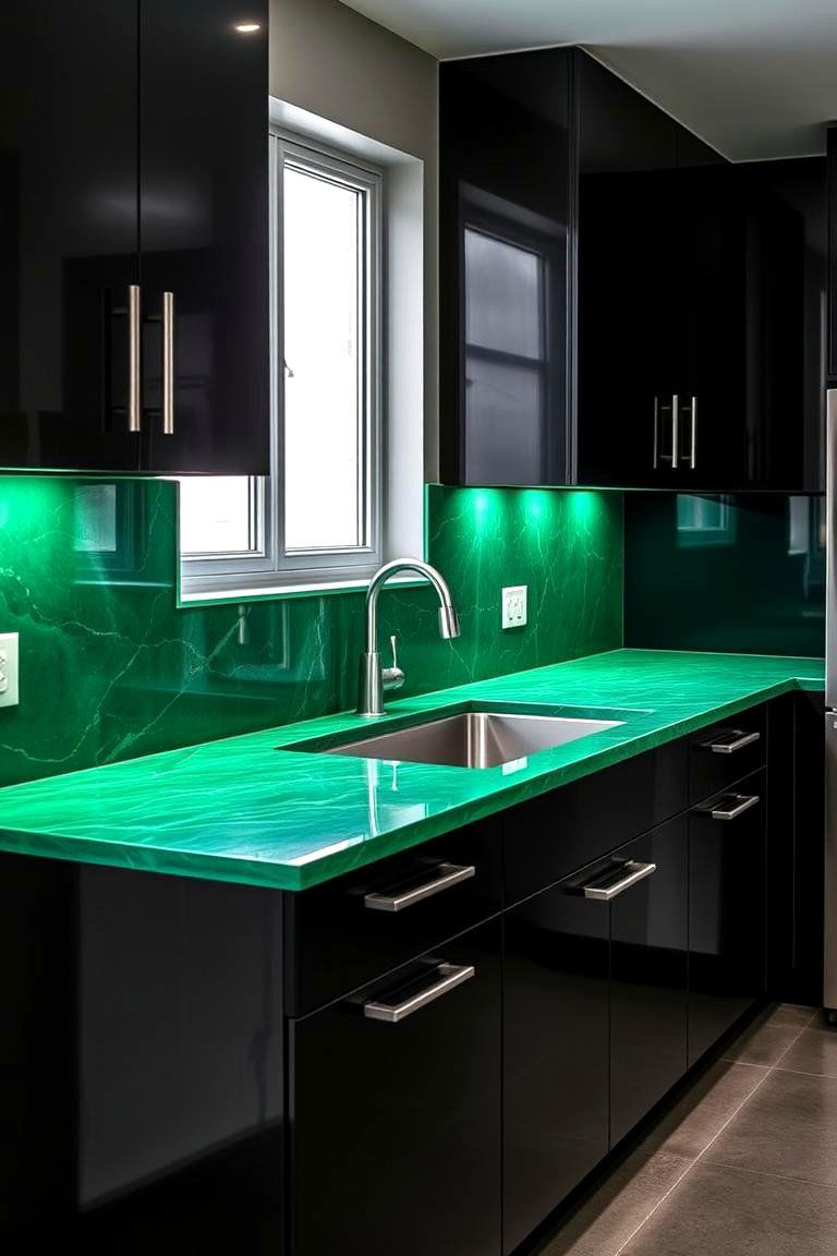 Green Countertop Paired with Black Cabinets for Contrast - 24 Kitchen With Green Countertops Ideas