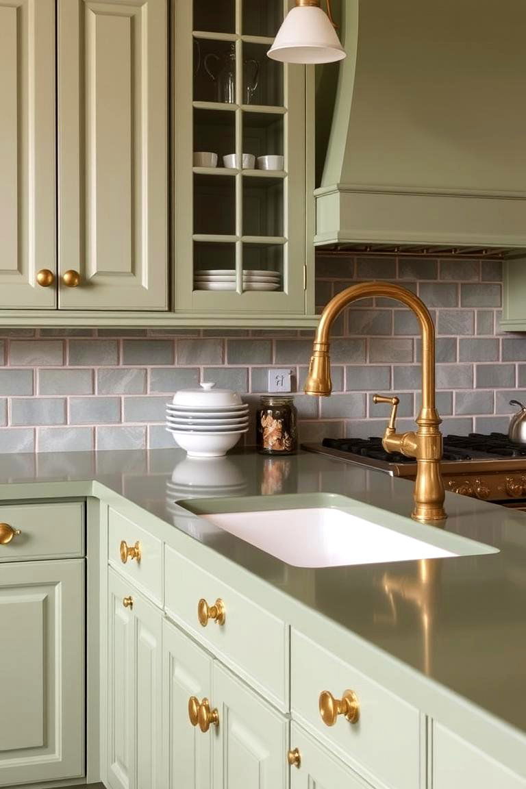 Green Countertop with Brass Hardware for a Vintage Vibe - 24 Kitchen With Green Countertops Ideas