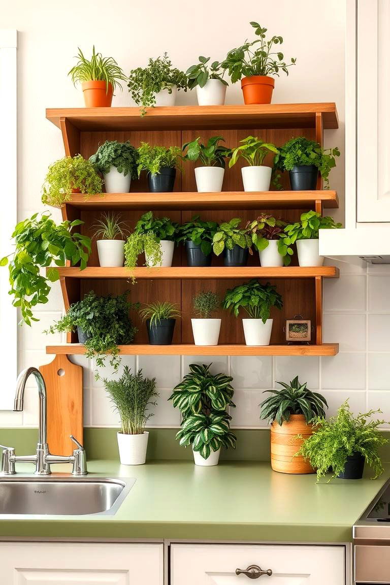 Green Countertop with Open Shelving Displaying Greenery - 24 Kitchen With Green Countertops Ideas
