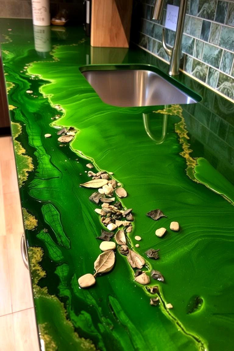 Green Epoxy Resin Countertop with Embedded Natural Elements - 24 Kitchen With Green Countertops Ideas