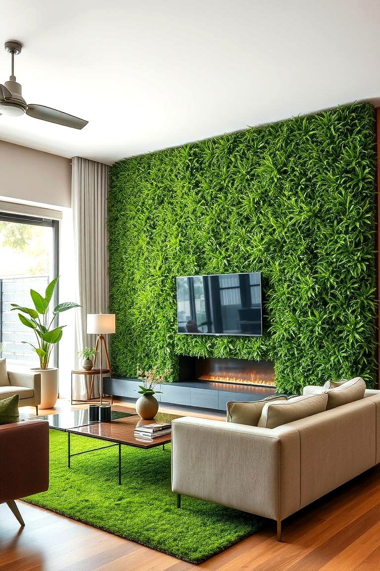 Green Focal Wall in Living Room - 24 Artificial Grass Wall Design Ideas