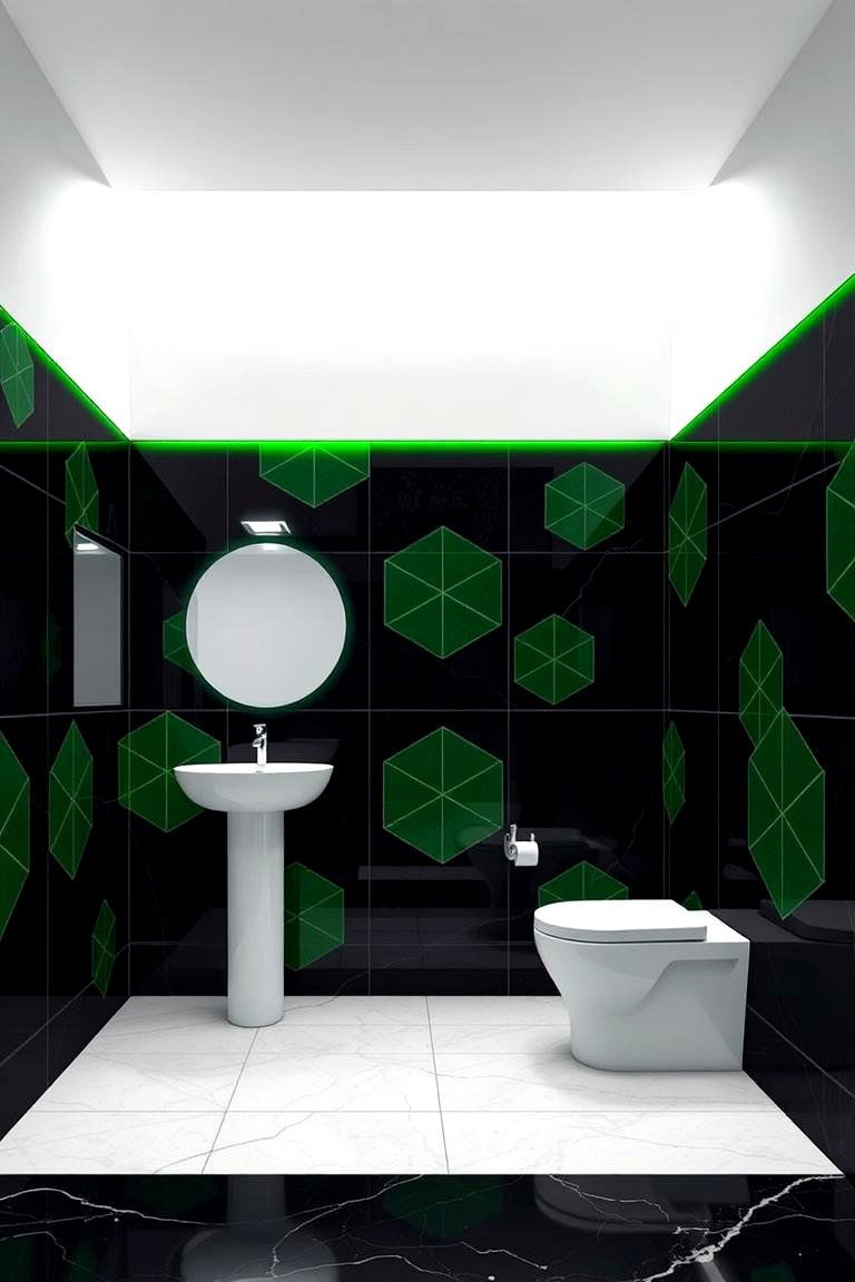 Green Geometric Designs on Black Backgrounds - 24 Black and Green Bathroom Ideas