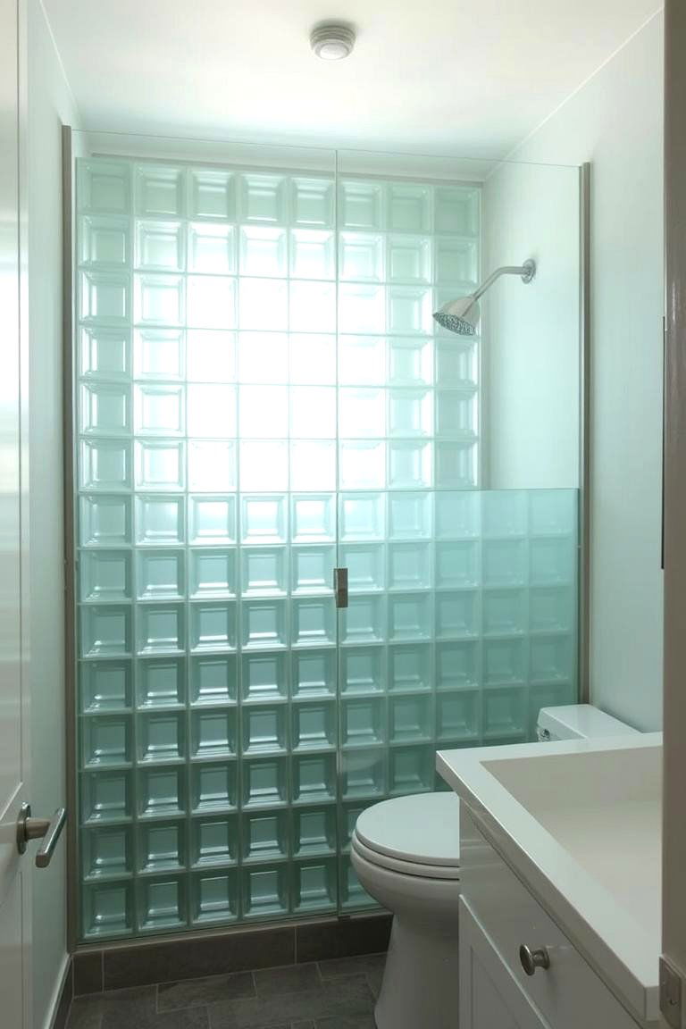 Green Glass Block Wall for Light and Privacy - 24 Green Tile Bathroom Ideas
