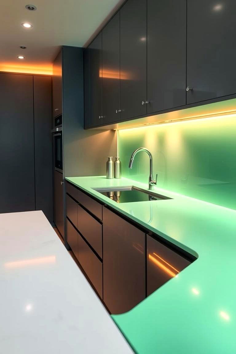 Green Glass Countertop with Under Cabinet Lighting - 24 Kitchen With Green Countertops Ideas