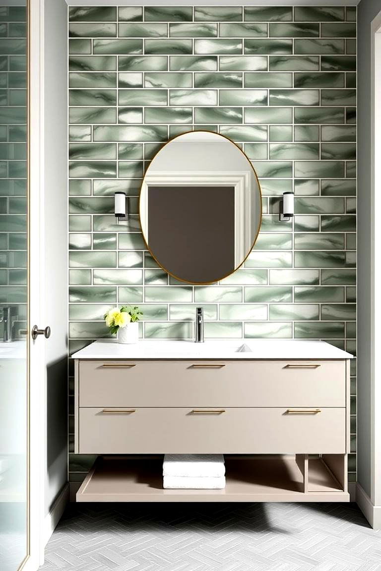 Green Herringbone Tile Pattern for Modern Elegance - 24 Green Tile Bathroom Ideas