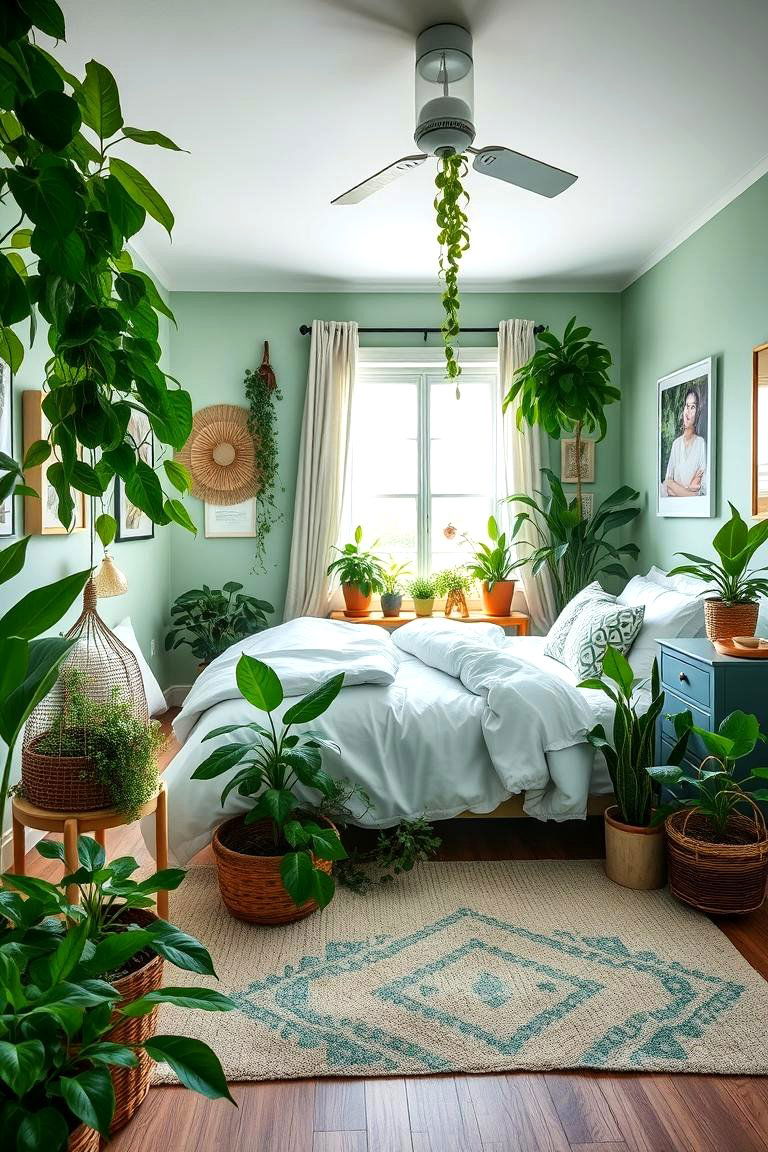 Green Indoor Plant Integration - 24 Light Green Bedroom Ideas