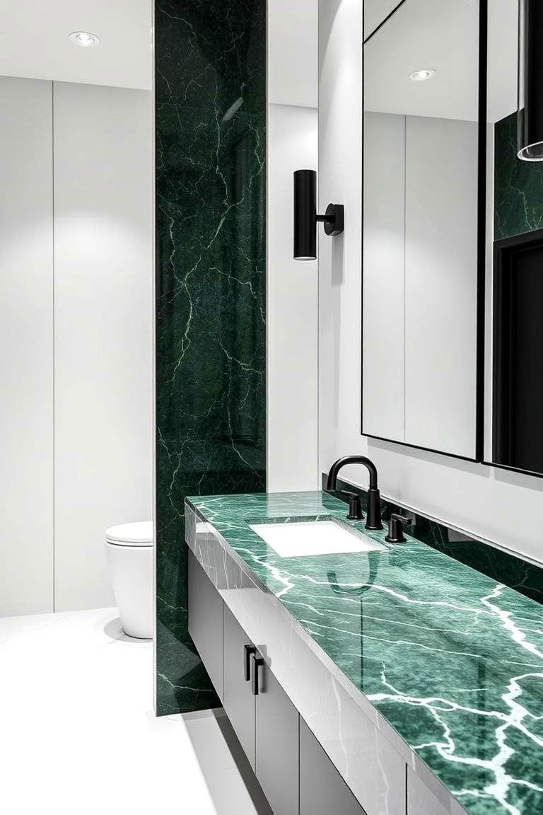 Green Marble Countertops and Black Fixtures - 24 Black and Green Bathroom Ideas