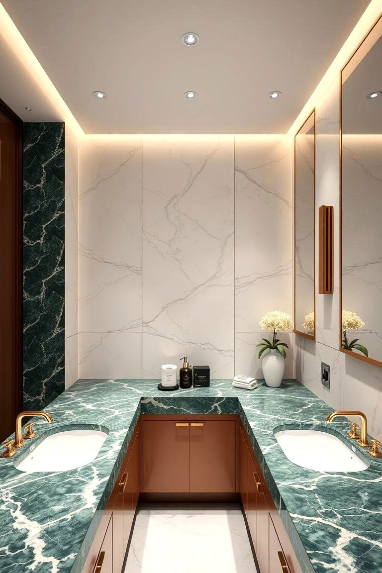 Green Marble Countertops with Gold Detailing - 24 Green and Gold Bathroom Ideas
