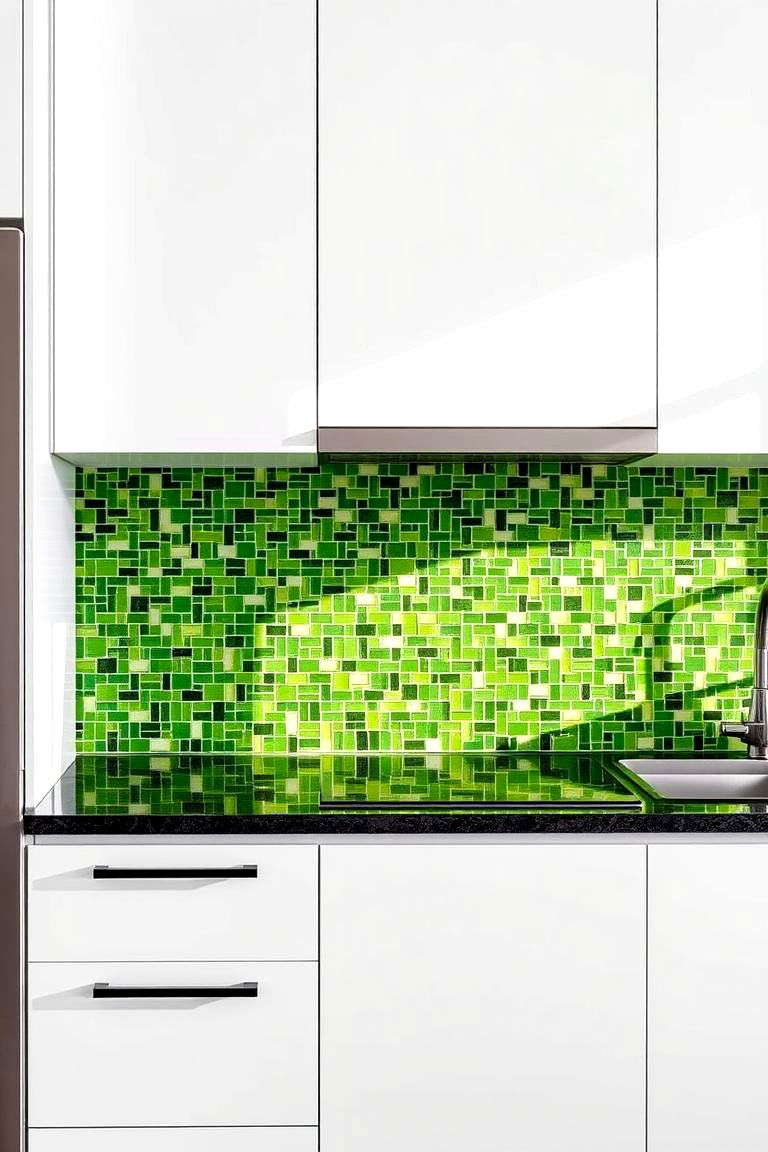 Green Mosaic Backsplash with Black Accents - 24 Black and Green Kitchen Ideas