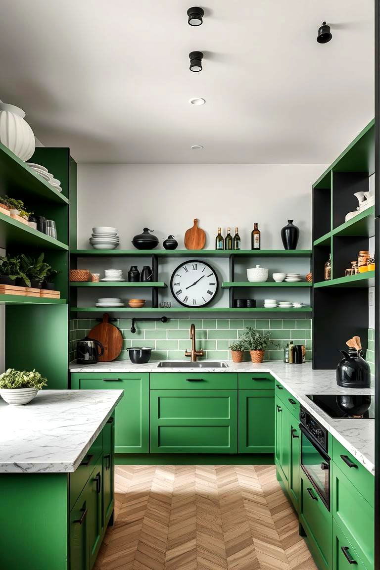 Green Open Shelving with Black Accented Decor - 24 Black and Green Kitchen Ideas