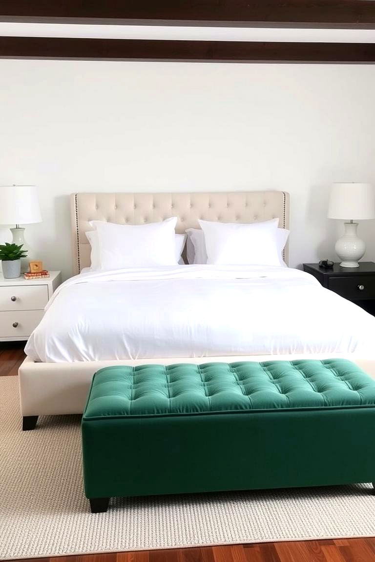 Green Ottoman at the Foot of a White Bed - 24 Green and White Bedroom Ideas