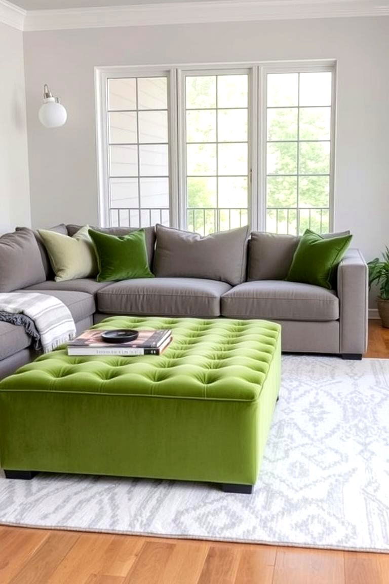 Green Ottomans or Coffee Tables in a Grey Setting - 24 Green and Grey Living Room Ideas