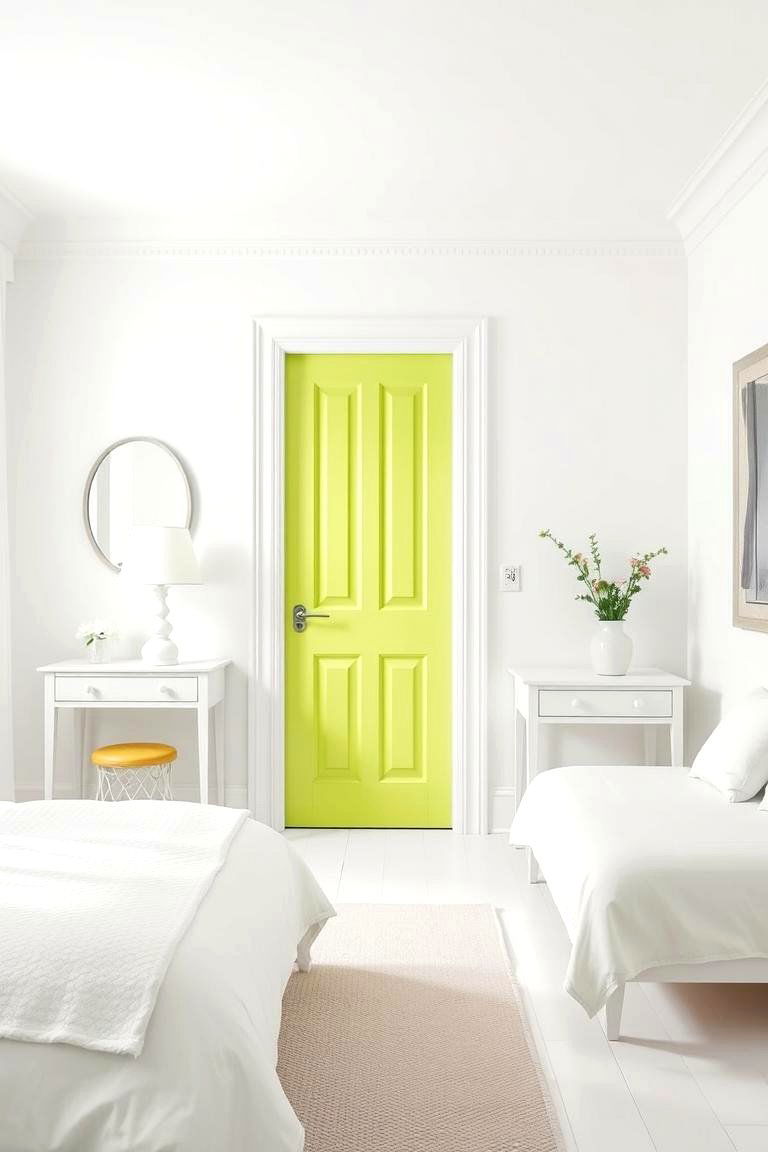 Green Painted Door in an Otherwise White Room - 24 Green and White Bedroom Ideas