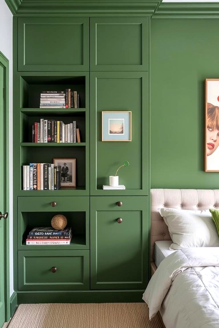 Green Panelling with Built in Shelves Functionality - 24 Green Panelling Bedroom Ideas