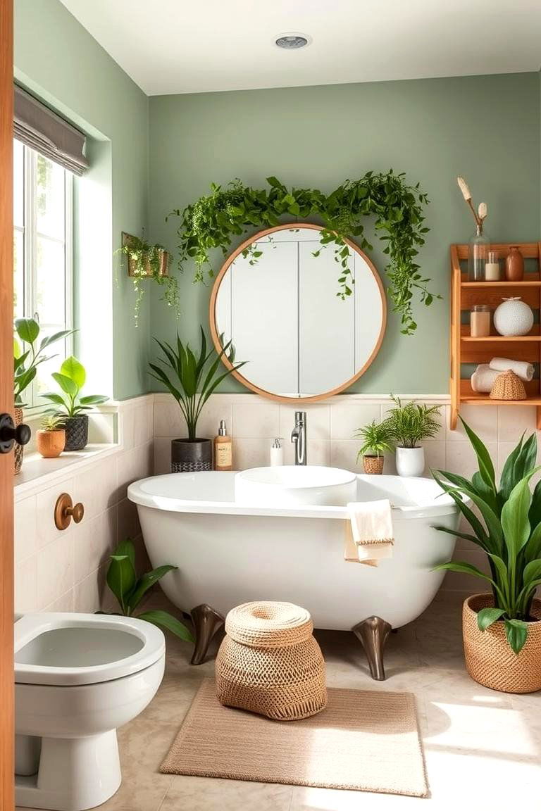 Green Plant Integration - 24 Sage Green and Cream Bathroom Ideas