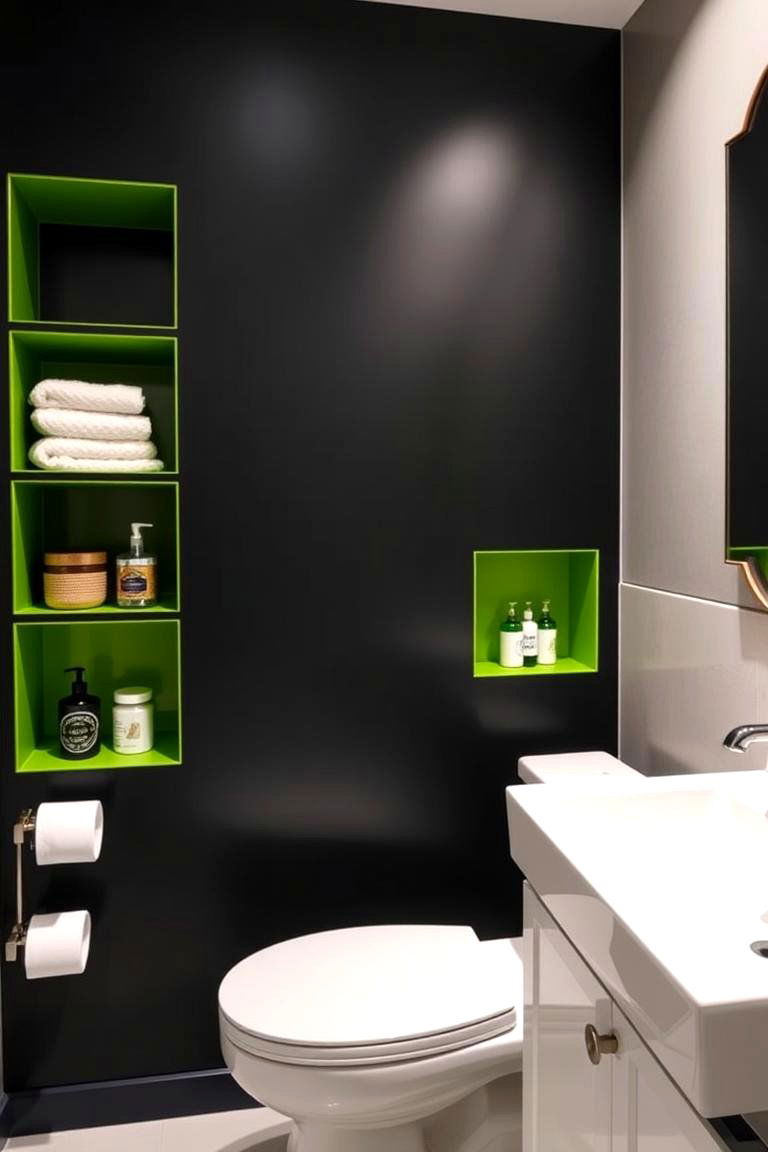 Green Recessed Shelving on Black Walls - 24 Black and Green Bathroom Ideas
