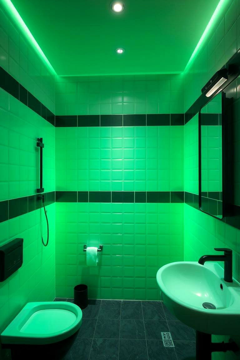 Green Shaded Lighting Over Black Fixtures - 24 Black and Green Bathroom Ideas