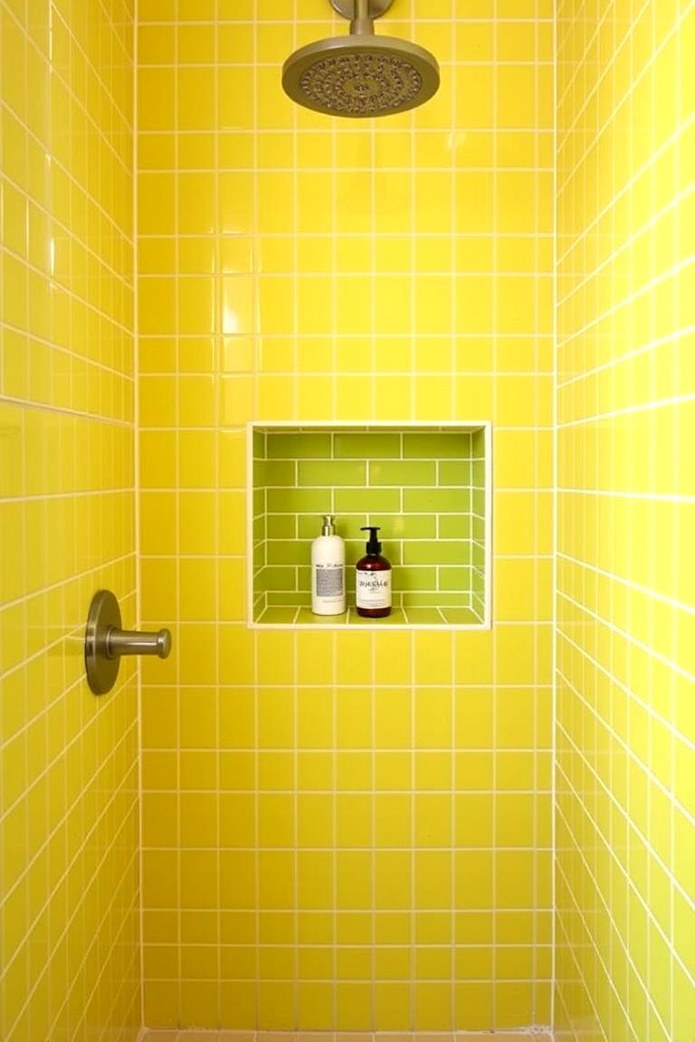 Green Shower Niche in a Yellow Tiled Shower - 24 Yellow and Green Bathroom Ideas
