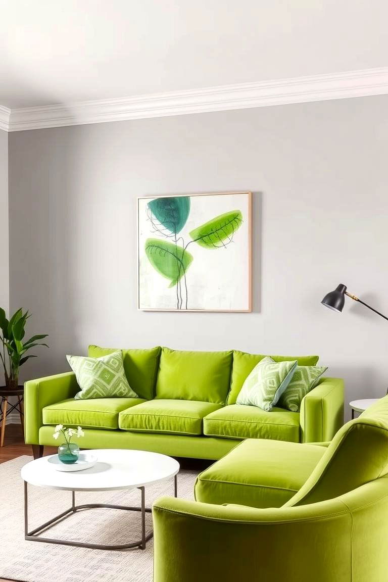 Green Sofa with Grey Walls and Vibrant Green Accents - 24 Green and Grey Living Room Ideas