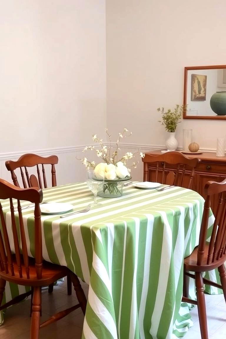 Green Striped Table Linens for a Fresh Look - 24 Green Dining Room Ideas