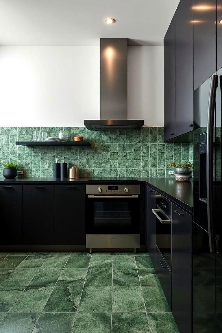 Green Textured Tiles Complementing Black Decor - 24 Black and Green Kitchen Ideas