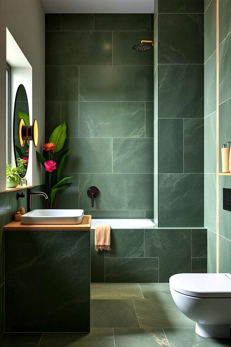 Green Tiles and Natural Stone Accents - 24 Greenhouse Bathroom Ideas