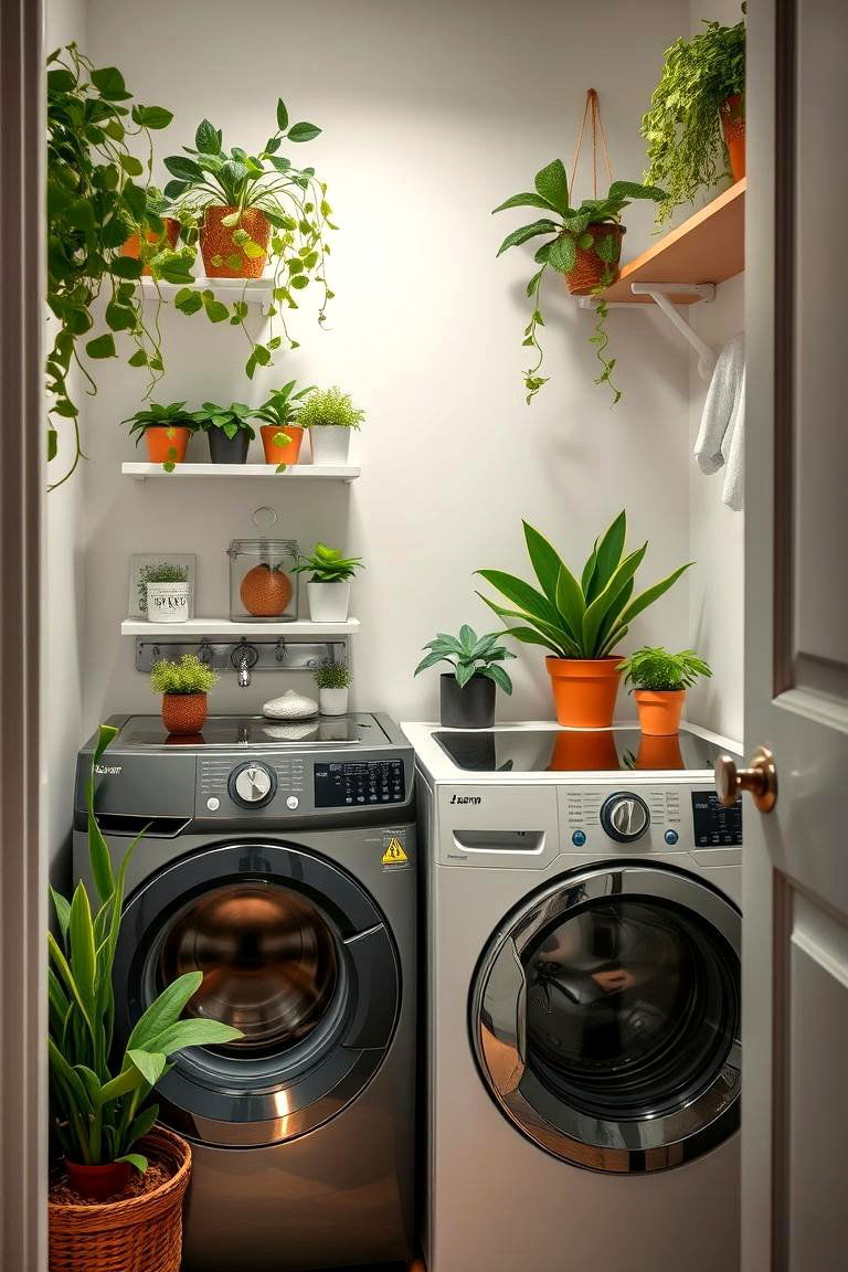 Green Touch with Plants Natural Vibes - 24 Small Laundry Room Ideas With a Top Load Washing Machine