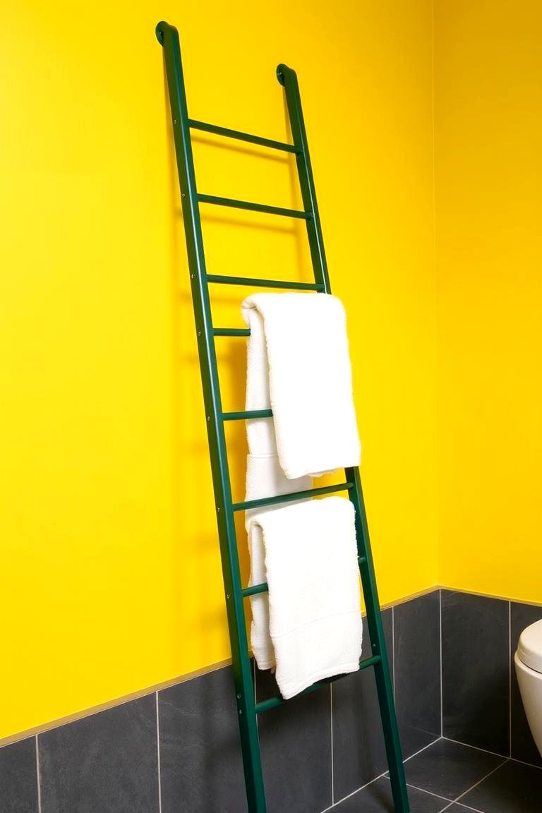 Green Towel Ladder Against a Yellow Wall - 24 Yellow and Green Bathroom Ideas