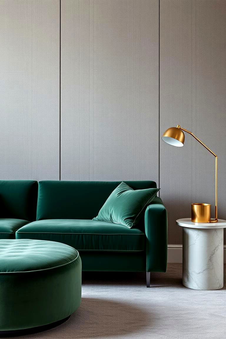 Green Velvet Furniture with Grey Textured Walls - 24 Green and Grey Living Room Ideas