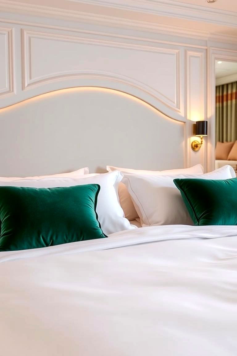 Green Velvet Throw Pillows on White Bedding - 24 Green and White Bedroom Ideas